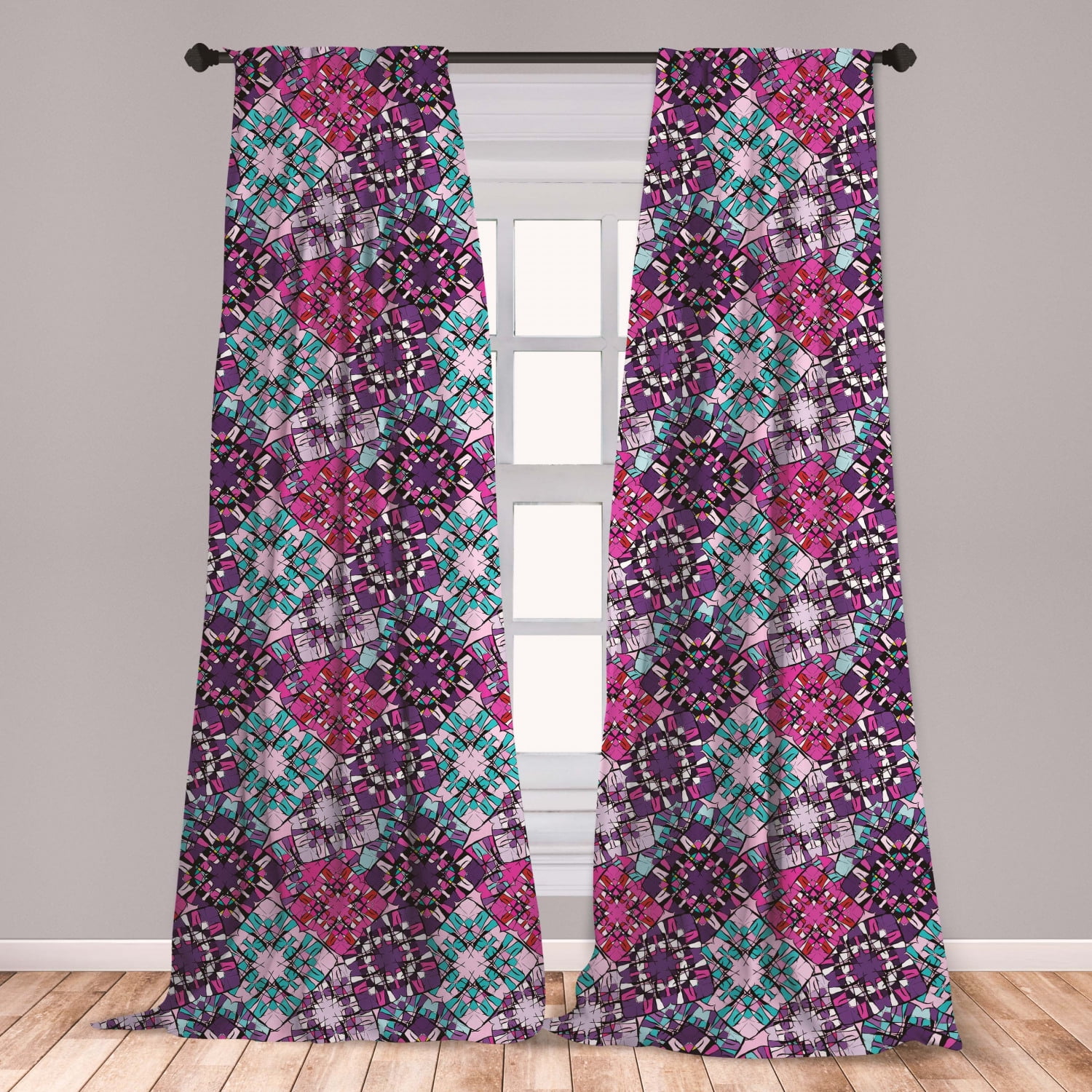 Psychedelic Curtains 2 Panels Set, Funky Geometrical Squares with ...