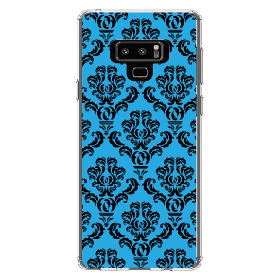 DistinctInk Clear Shockproof Hybrid Case for Samsung Galaxy Note 9 - TPU Bumper, Acrylic Back, Tempered Glass Screen Protector - Blue Black Damask Pattern - Floral Damask Pattern