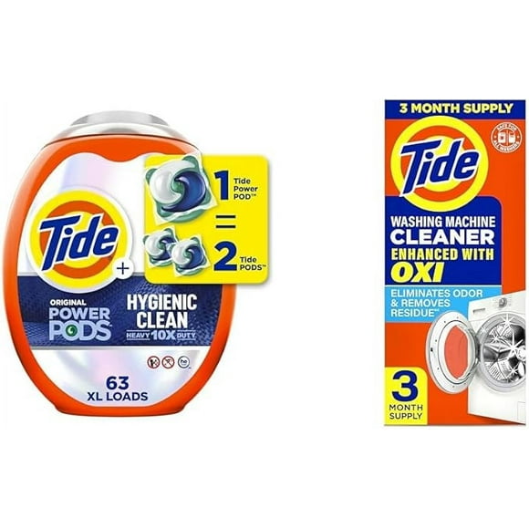 Tide Hygienic Clean Heavy 10x Duty Power PODS Laundry Detergent Liquid Soap Pods, Original, 63 count & Washing Machine Cleaner, Washer Machine Cleaner, Front & Top Loader Machines, 3 Count (Pack of 1)
