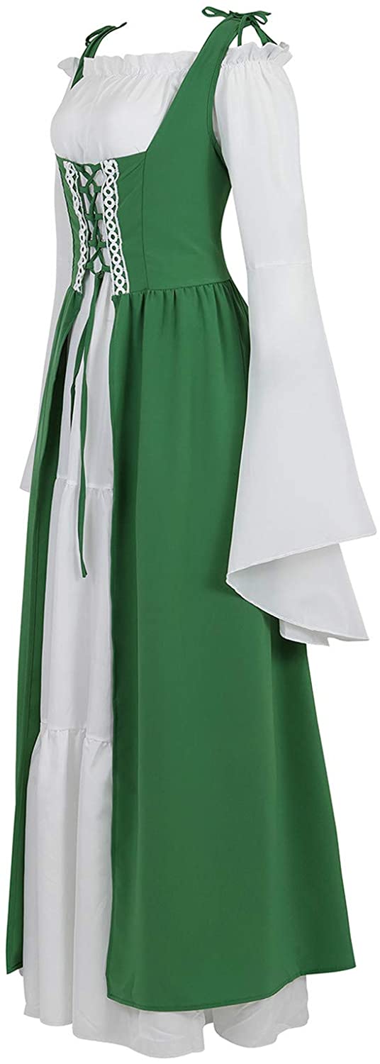 Womens Renaissance Cosplay Costume Medieval Irish Over Dress and Chemise Boho Set Gothic High Waist Gown Dress