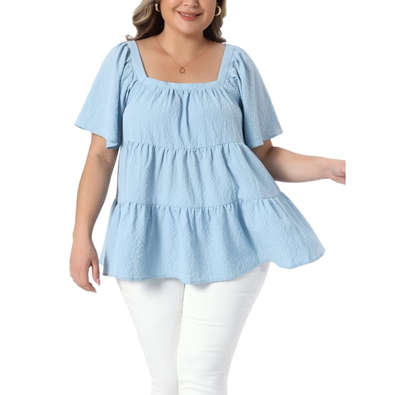 Agnes Orinda Women's Plus Size Easter Tops Textured Square Neck Short Sleeve Flowy Swing Peplum Summer Casual Babydoll Blouses 1X Light Blue