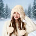 thumbnail image 2 of XIAOCHA Womens Knit Ear‑Flap Beanie Pom‑Pom Solid Color Windproof Ski Trapper Hat,Beige, 2 of 4