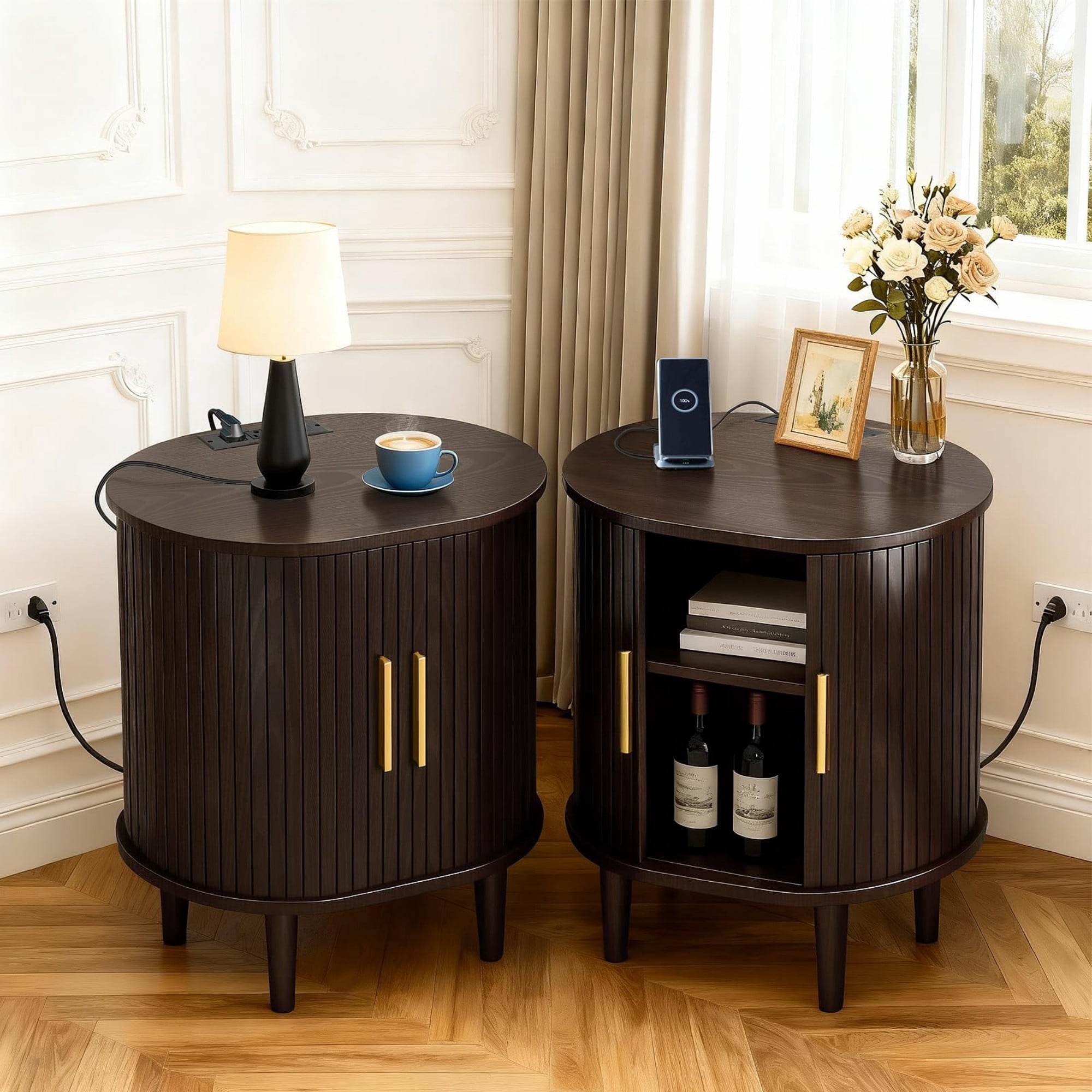 Mid Century Modern Nightstand with Charging Station, Fluted Side Table with Sliding Door & Adjustable Shelf, Coffee