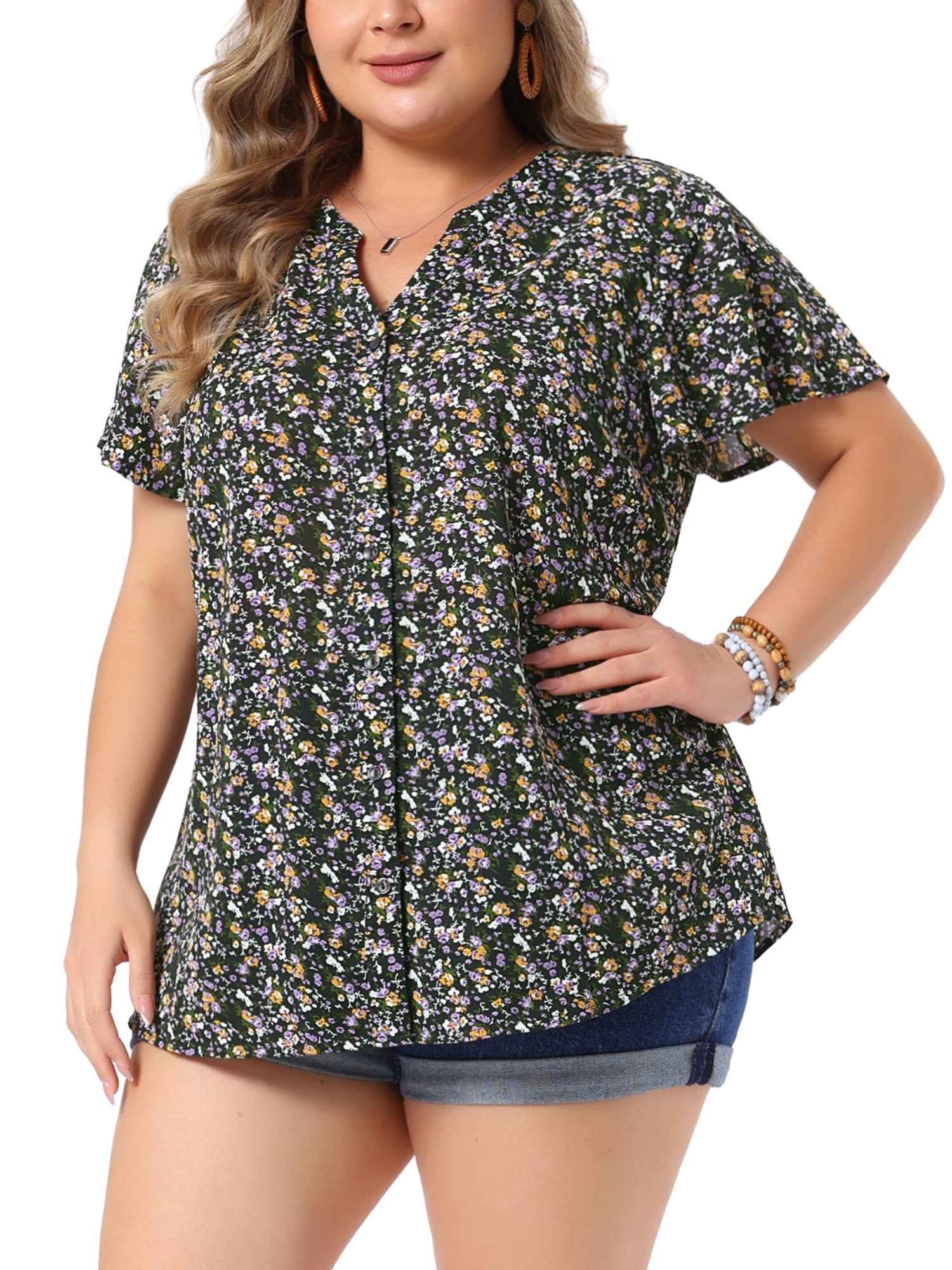 DARING DIVA Women's Plus Size Flare Short Sleeve Button Down Floral Top 1X Black Purple