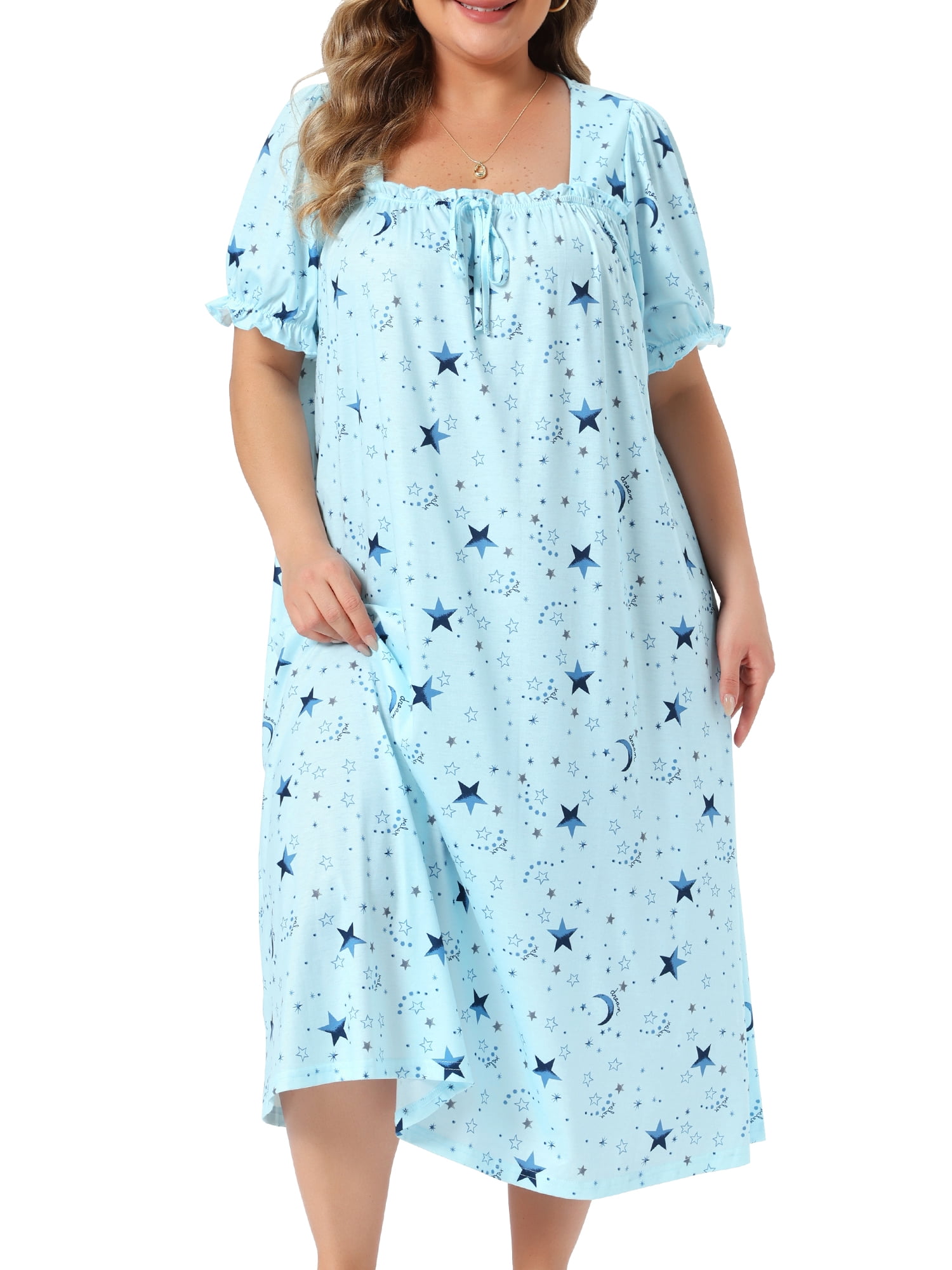 DARING DIVA Women's Plus Soft Crew Neck Cute Cherry Ruffle Nightgown 1X Light Blue