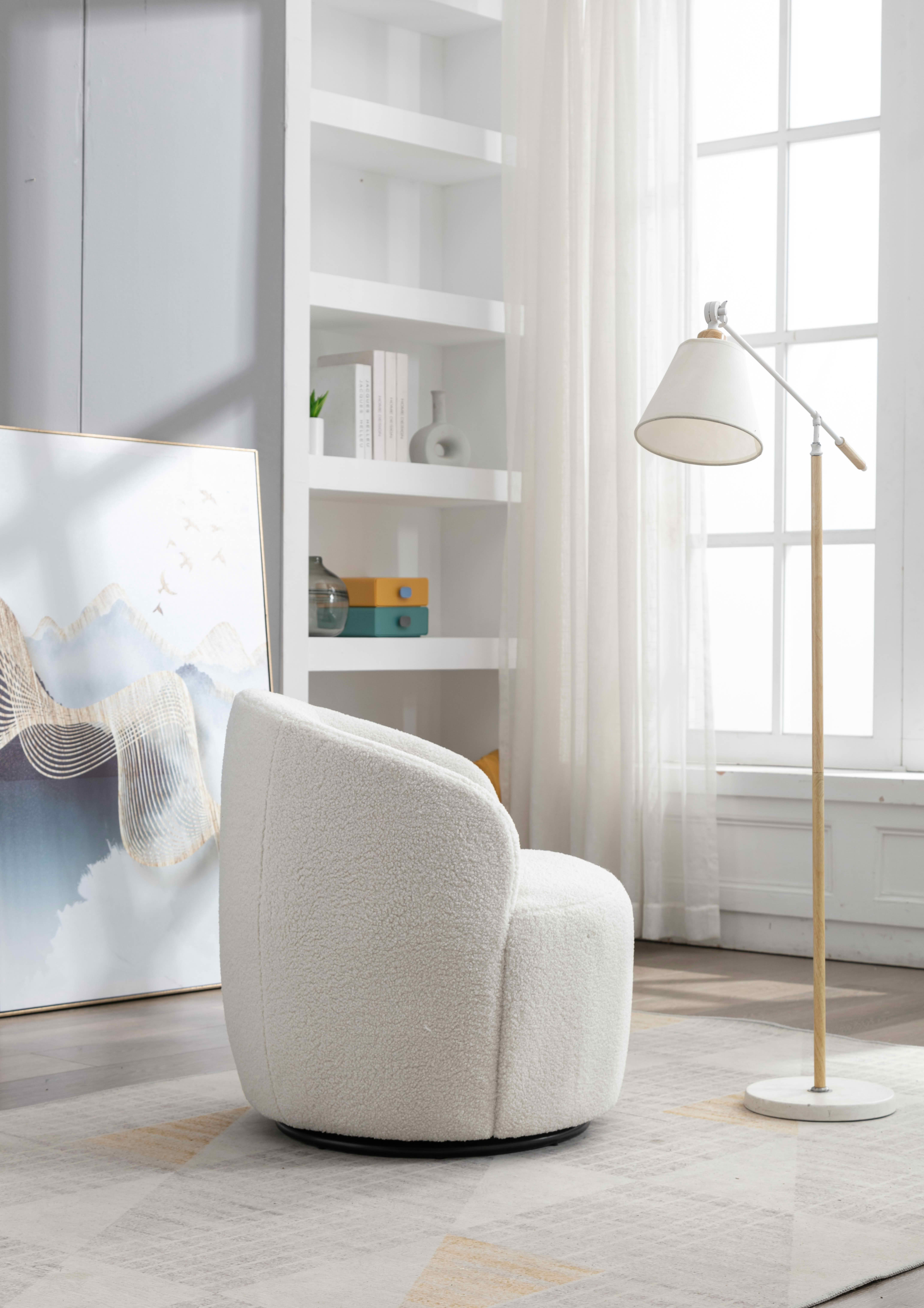 MAYEERTY Teddy Fabric Swivel Accent Armchair Barrel Chair, with Black Powder Coating Metal Ring, Ivory White