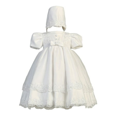 Baby Girls White Satin Organza Overlay Dress Bonnet Christening Set