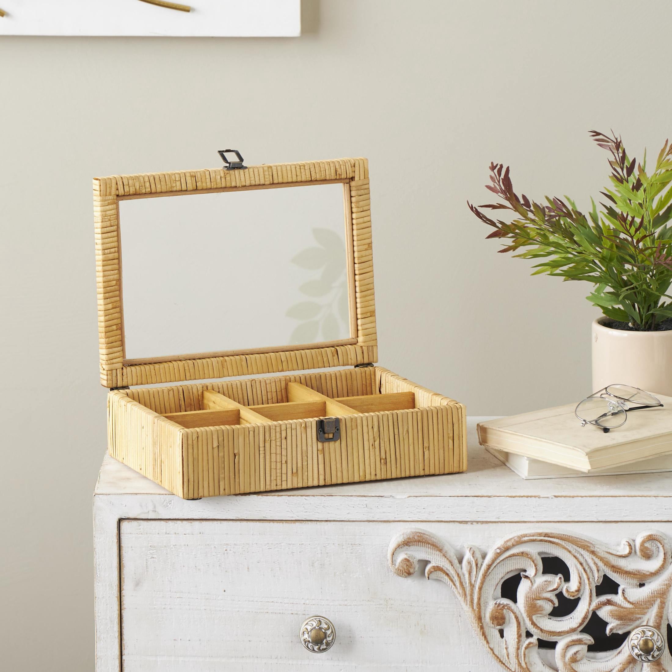 DecMode Handmade Wrapped 6 Slot Brown Rattan Decorative Jewelry Box with Tempered Glass Top