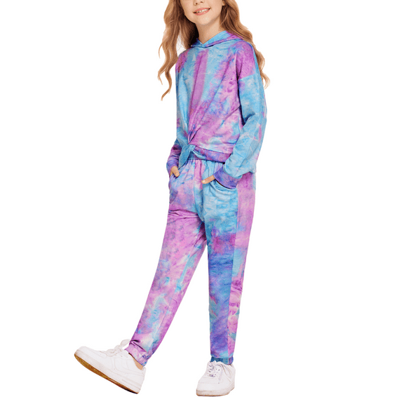 Oudiya Girls 2 Piece Tie Dye Sweatsuit Clothing Set Twist Front Hooded Sweatshirt and Sweatpants with Pockets, 13-14Y