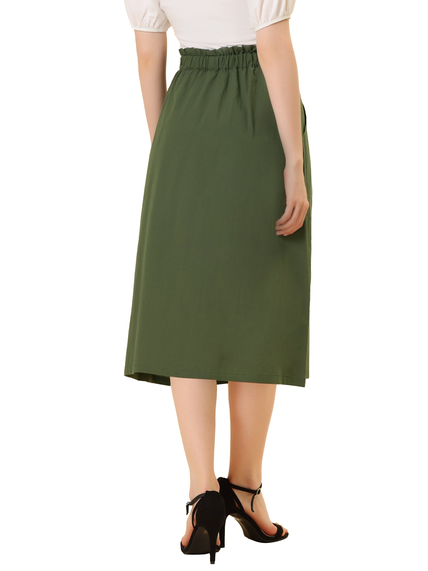 DARING DIVA Women's Cotton A-Line Midi Skirt with Pockets M Army Green