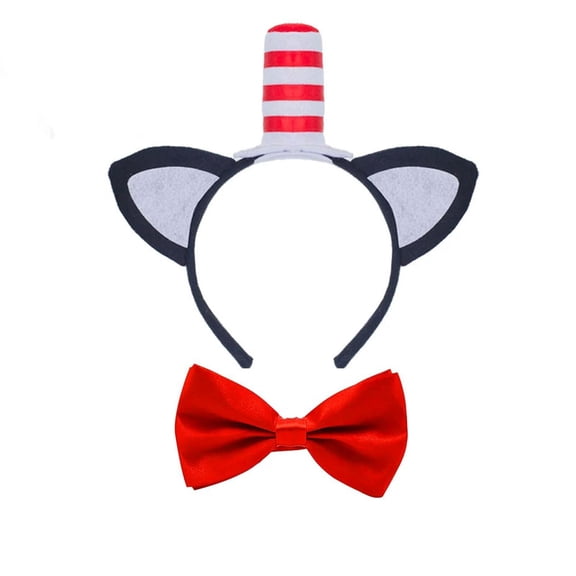 RUIFUU Cat Headband With Stovepipe Hat, Book Character Costumes Accessories, Cat Costume, Red and White Hat with Bow Tie, Halloween Cosplay