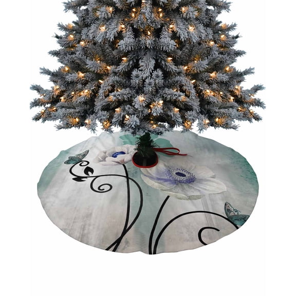 Teal White Spring Floral Christmas Tree Skirt 36 Inches Large Christmas Skirt Tree, Summer Butterfly Teal Ombre Tree Skirt Christmas Decorations for Fireplace Party Holidays Indoor Outdoor