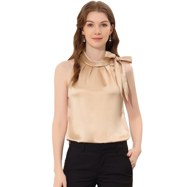 INSPIRE CHIC Blusa elegante de satén sin mangas con lazo y cuello de pajarita para mujer champán S