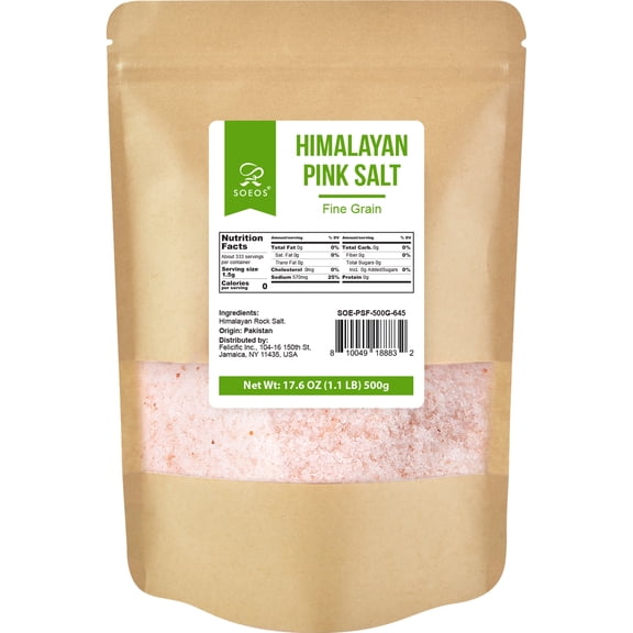 Soeos Himalayan Pink Salt, Fine Grain, 500g (1.1 lbs), 17.6 oz. Kraft Bag
