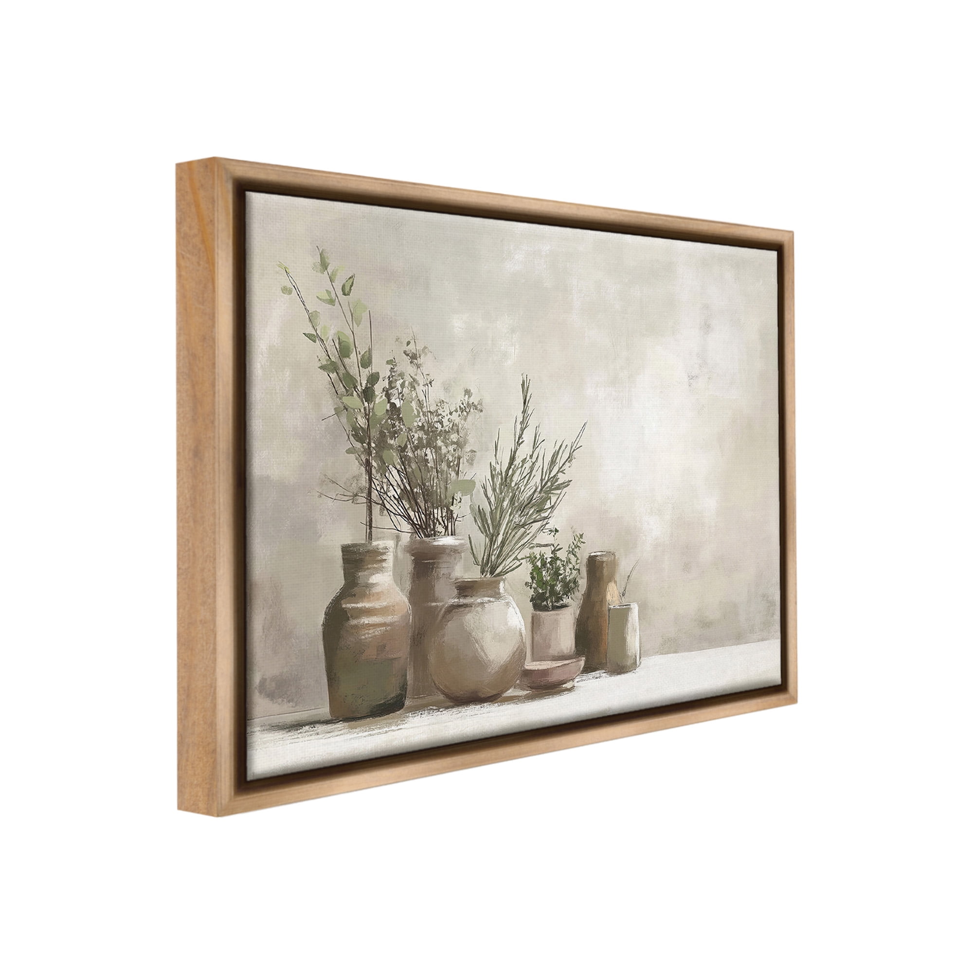 Stupell Industries Cottage Herbs in Pottery Botanical & Floral Painting Brown Floater Framed Canvas Art Print Wall Art, 21 x 17