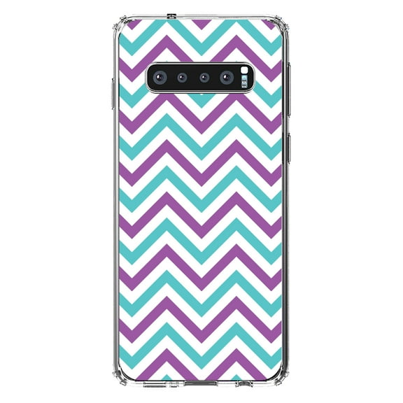 DistinctInk Clear Shockproof Hybrid Case for Samsung Galaxy S10  PLUS(6.4" Screen) - TPU Bumper, Acrylic Back, Tempered Glass Screen Protector - Purple Teal Stripes - Stripes Pattern