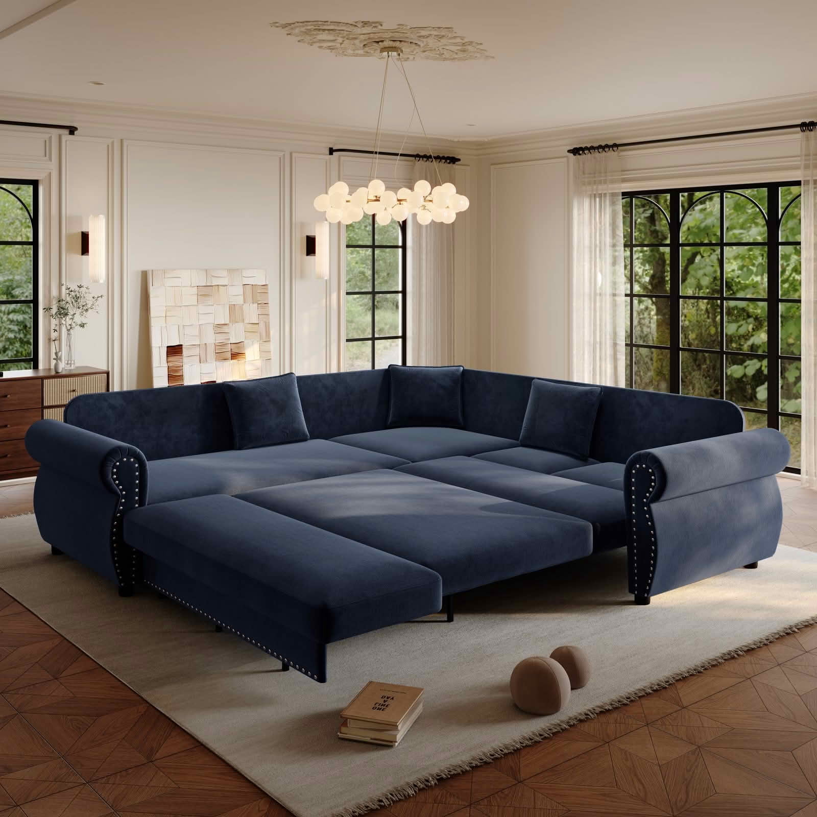 MAYEERTY 88.2" L‑Shaped Convertible Pull‑Out Sofa Bed, Chenille Sectional Couch with Nailhead Trim & Rolled Arms, Multifunctional Sleeper Sofa