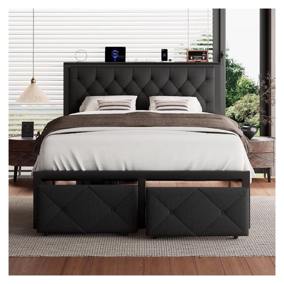 Full Size Bed Frame with Storage Drawers, Linen Platform Bed, Charging Station Headboard, No Box Spring Needed, Metal Slats, Black Upholstered
