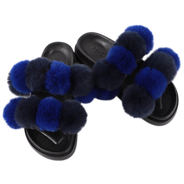 Chaussons en Fourrure pour Femmes Mode Pompon Boule Fausse Fourrure Sandales Moelleuses
