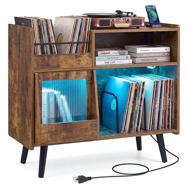 Gymax Record Player Stand w/LED Light Power Outlets Sliding Door Vinyl Storage Holder Brown