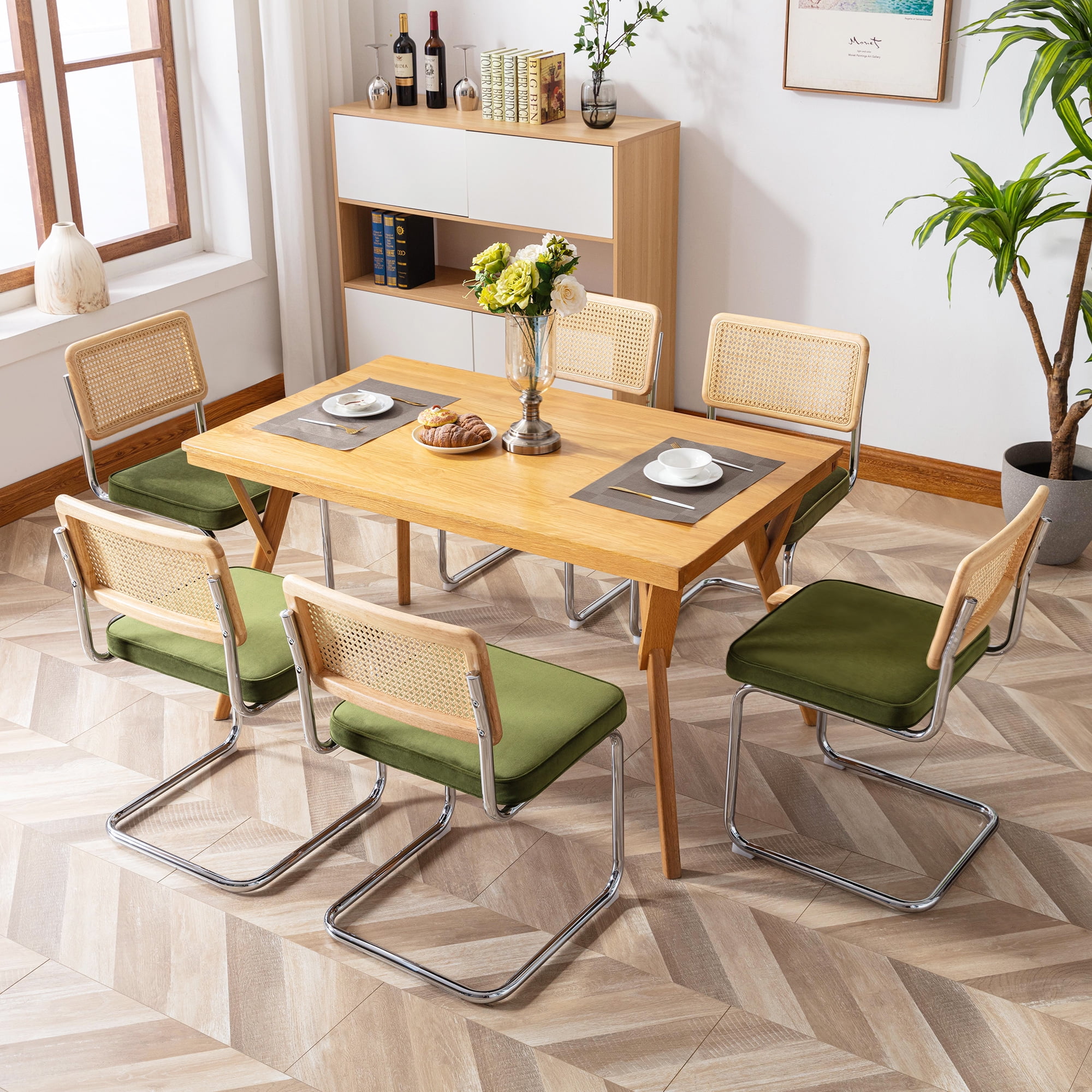 Zesthouse Rattan Dining Chairs Set of 4, Velvet Upholstered Dining Chairs with Cane Back and Chrome Legs, Mid Century Modern Kitchen Side Chairs for Living Room, Green