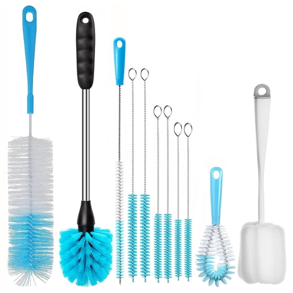 11-Pack Bottle Cleaning Brush Set - Long Handle Blue Bottle Cleaner for Washing Narrow Wine/Beer Bottles, Thermos, HydroFlask Tumbler, Sports Water Bottles, Kettle/Lid Brush, Straw Brush