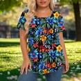 thumbnail image 5 of Feancey Women's Pleated Blouses Plus Size Casual Floral Printed T-Shirts Crewneck Short Sleeve Summer Tops Ladies Elegant Work Tees Blue 5XL, 5 of 7