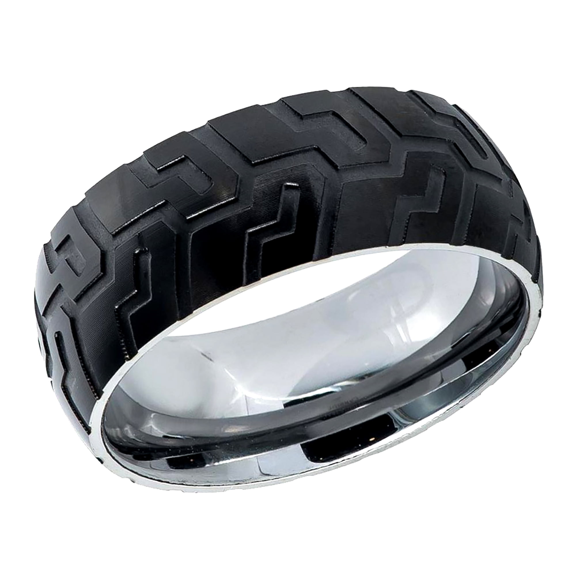 Semi-domed Tungsten Ring with Black IP Plated with Super Sleek Tire Tread 9mm