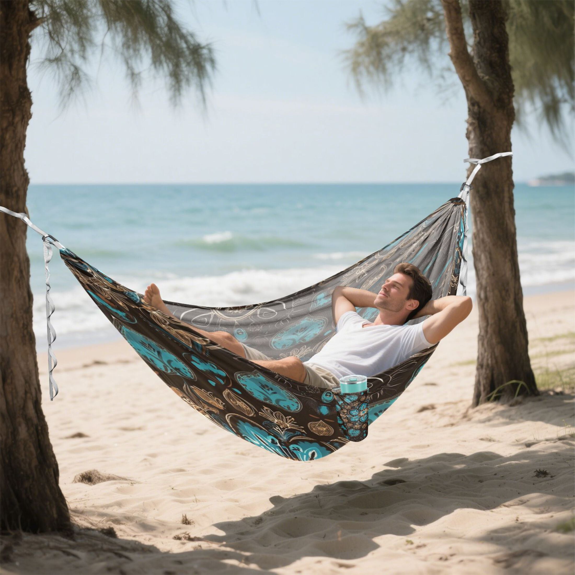 Wobogo Turquoise Mandalas Camping Hammocks 330 lb Capacity with Tree Straps and Hanging Pockets for Outside Hiking Beach Backpack Travel