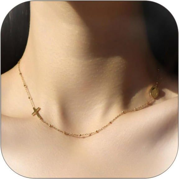 Cross Necklace for Women Sideways Cross Choker 18K Gold Plated Dainty Virgin Mary Necklace Non Tarnish Small Cross Necklace Stainless Steel Chain Trendy Jewelry