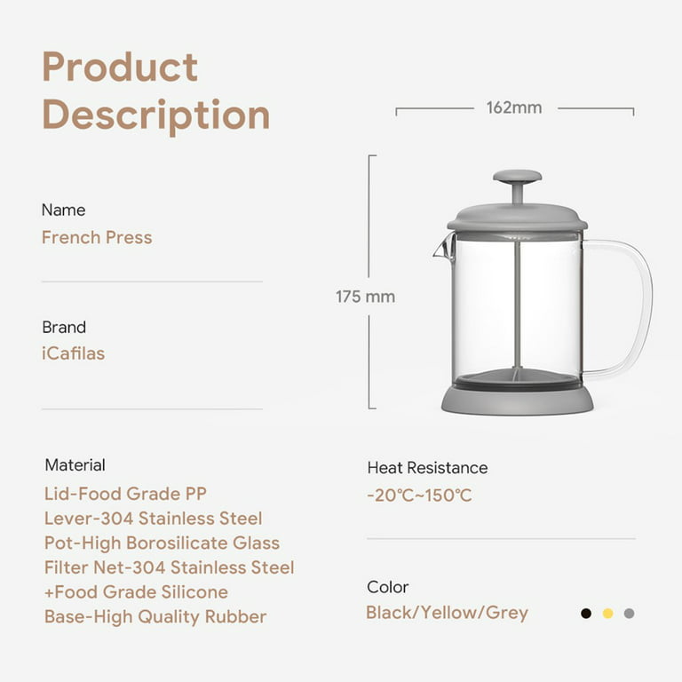 Bincoo French Press Coffee Maker, 27oz Stainless Steel Coffee French Press,  Heat Resistant Durable, Easy to Clean, Borosilicate Glass Coffee Press