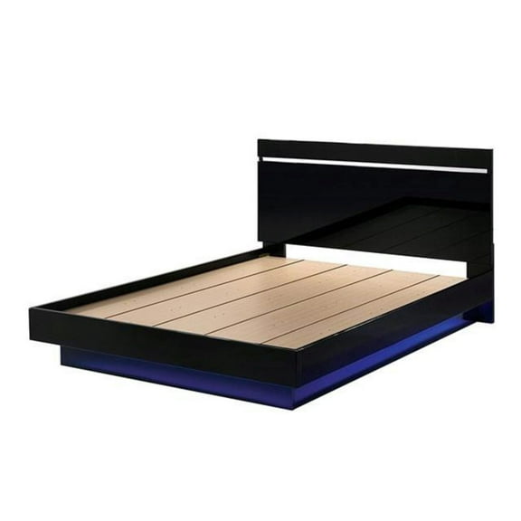 Contemporary Style Black 1pc Est King Size Bed Low Profile Platform Bedframe High Gloss Finish Solid wood LED Bedroom Furniture