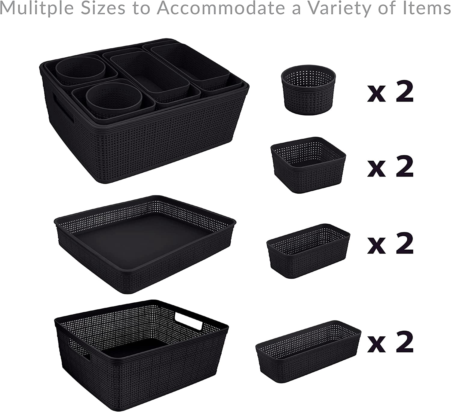 10 Piece Organizing Set | Multiple Size Bins | Multipurpose | Office | Desk | Dorm | Bathroom | Storage Basket | Small Items | Accessories | Black