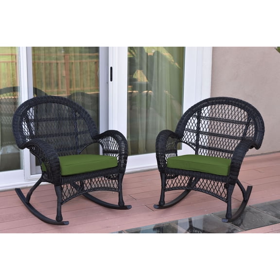 Jeco Santa Maria Black Wicker Rocker Chair with Hunter Green Cushion - Set of 2