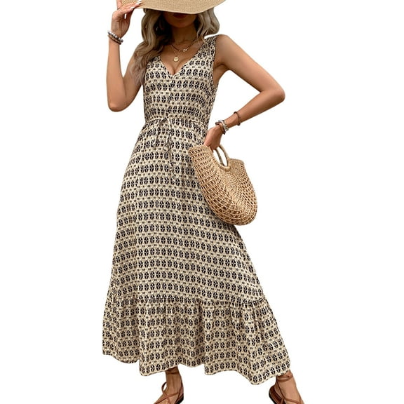 Women Summer Dresses Sleeveless Diamond Print Casual Loose V Neck Maxi Dress Beach Vacation Sundress (Apricot,Large)