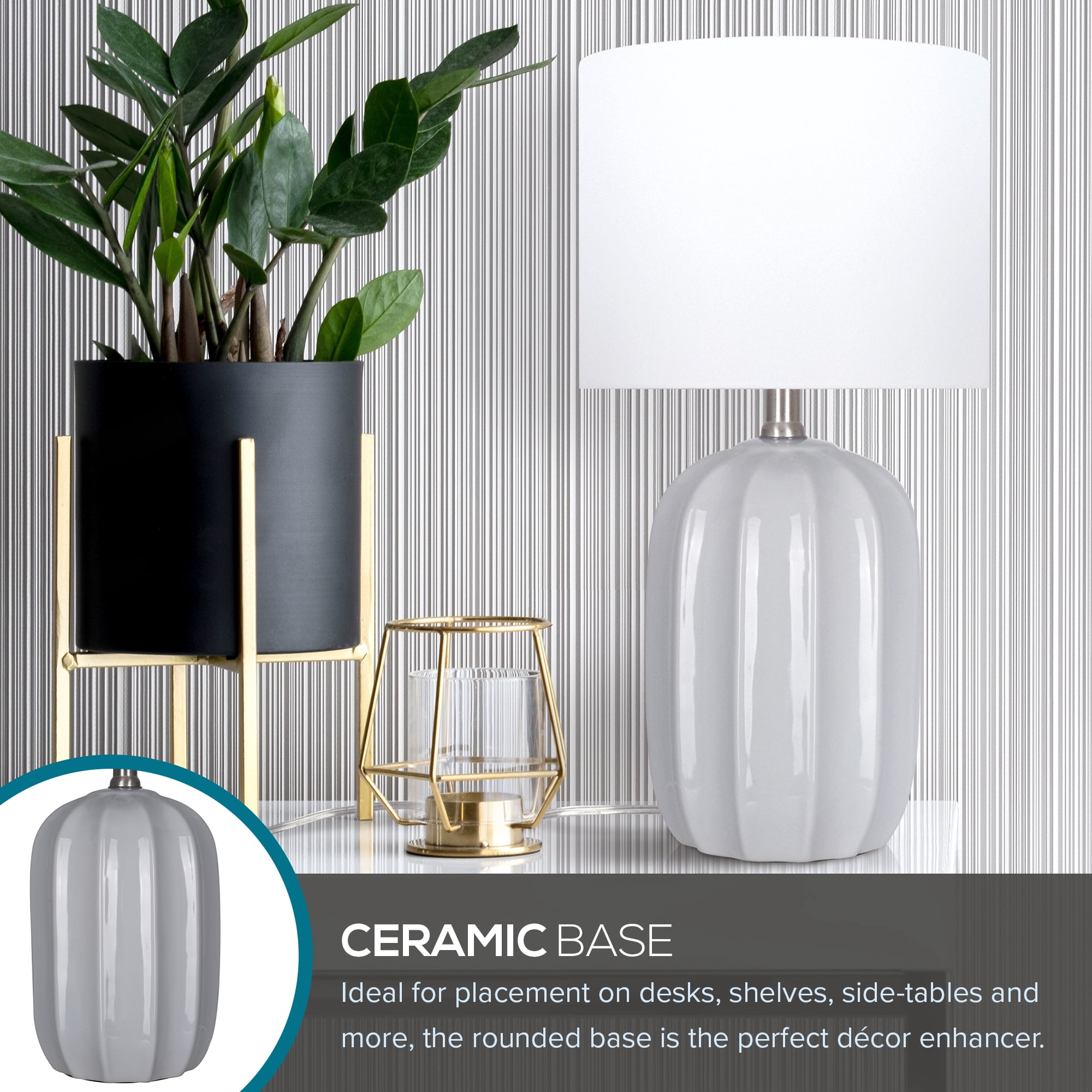 Catalina Lighting Arcadia 19.5'' Table Lamp with White Fabric Drum Shade Transitional Table Light Fixture for Living Room, Bedroom, or Office, Gray