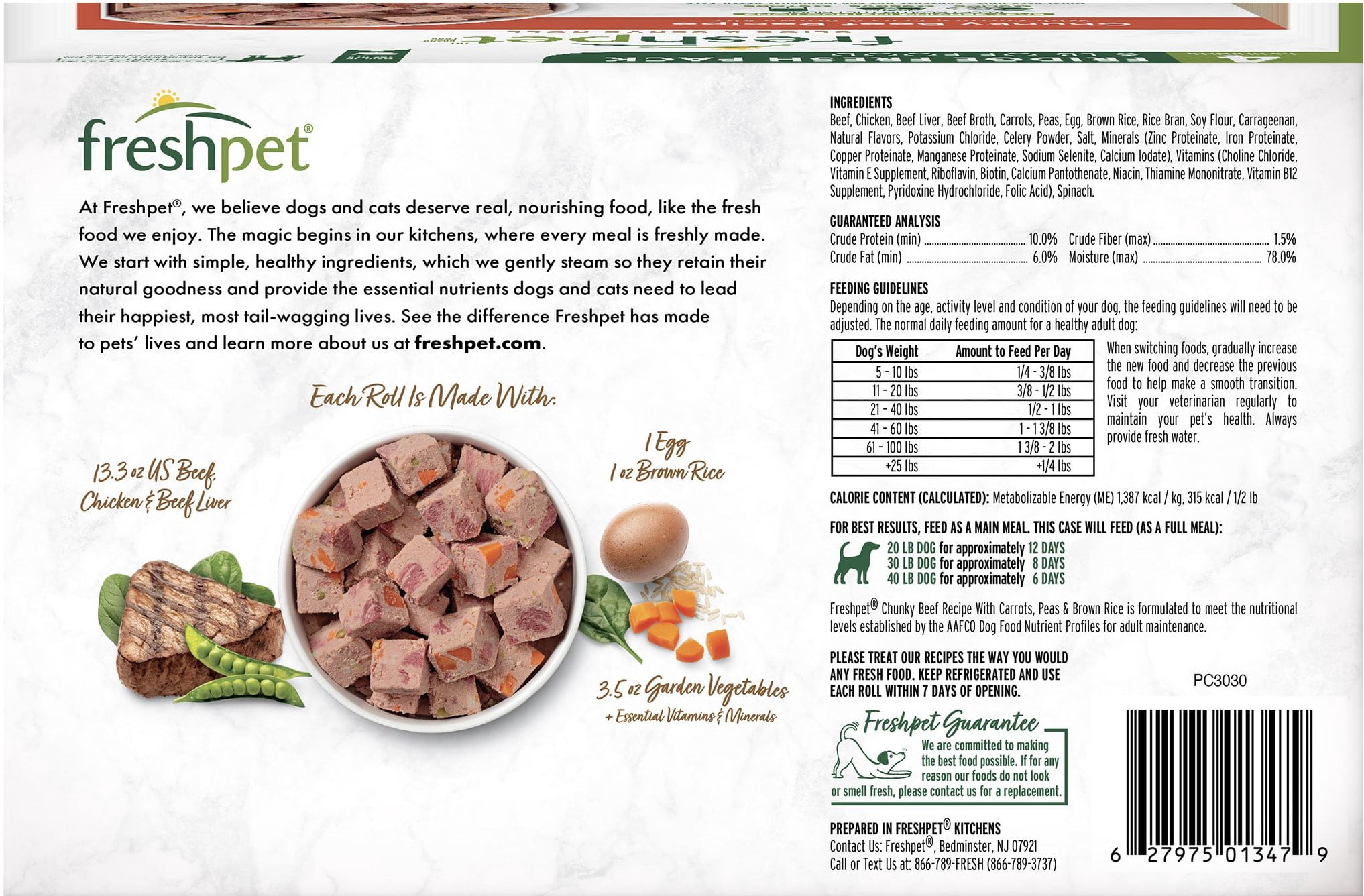Freshpet Fresh Dog Food, Chunky Beef & Carrot Recipe Value Pack 4-1.5 lb Rolls