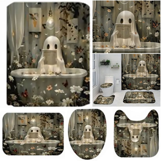Cortina Ducha Lindo Dibujos Animados Fantasmas Set Halloween Lavible Baño Poliéster Tela Espeluznante Con Ganchos para Decoraciones