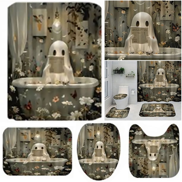 Cortina Ducha Lindo Dibujos Animados Fantasmas Set Halloween Lavible Baño Poliéster Tela Espeluznante Con Ganchos para Decoraciones