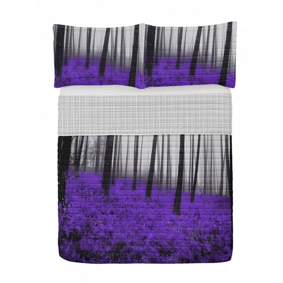 Forest Reversible Bedspread Set, Fantasy Woodland Under Heavy Fog Tall Trees Bushes Contrast Colors, Pillow Shams & Comforter Microfiber Bedding Set, 3 Sizes, Violet Dark Purple Grey, by Ambesonne