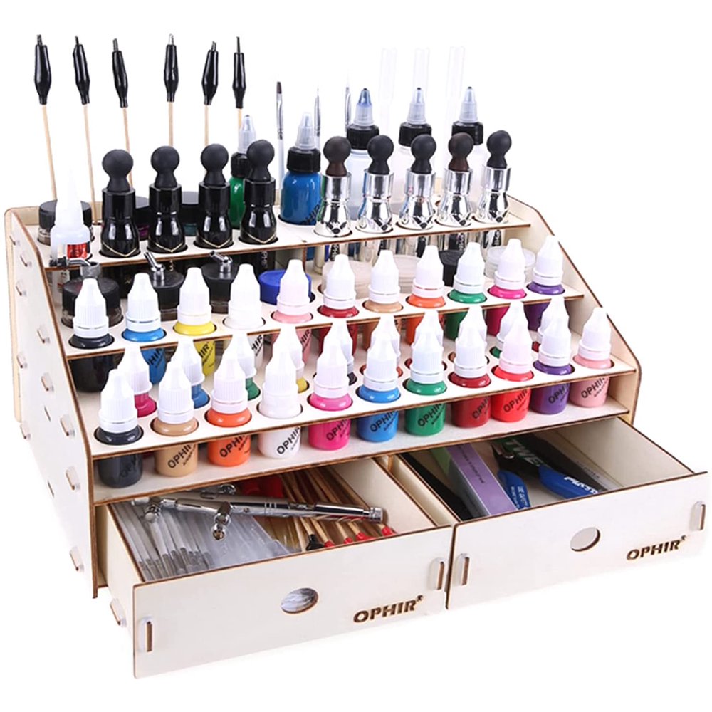 80 Holes Wooden Paint Rack Stand with 2 Drawers Holder Organizer, Detachable Assembly Ink Bottle