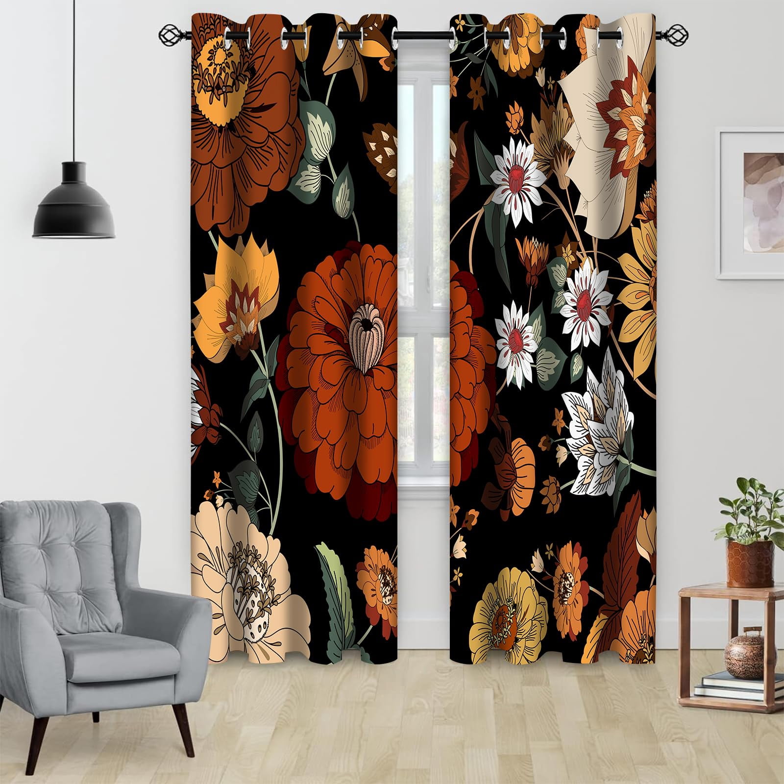 Boho Floral Blackout Curtains, Morden Mid Century Abstract Bohemian Flowers Botanical Tropical Leaves Darkening Window Drapes Grommet for Living Room Bedroom Decor 2 Panels 52"x84" Inches