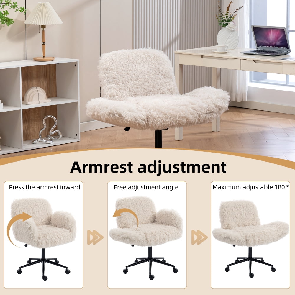 Pawverly cross-over office chair, with wheels, ergonomic swivel design, 5-position adjustable armrests, thick padded backrest, Beige lamb wool dressing chair.