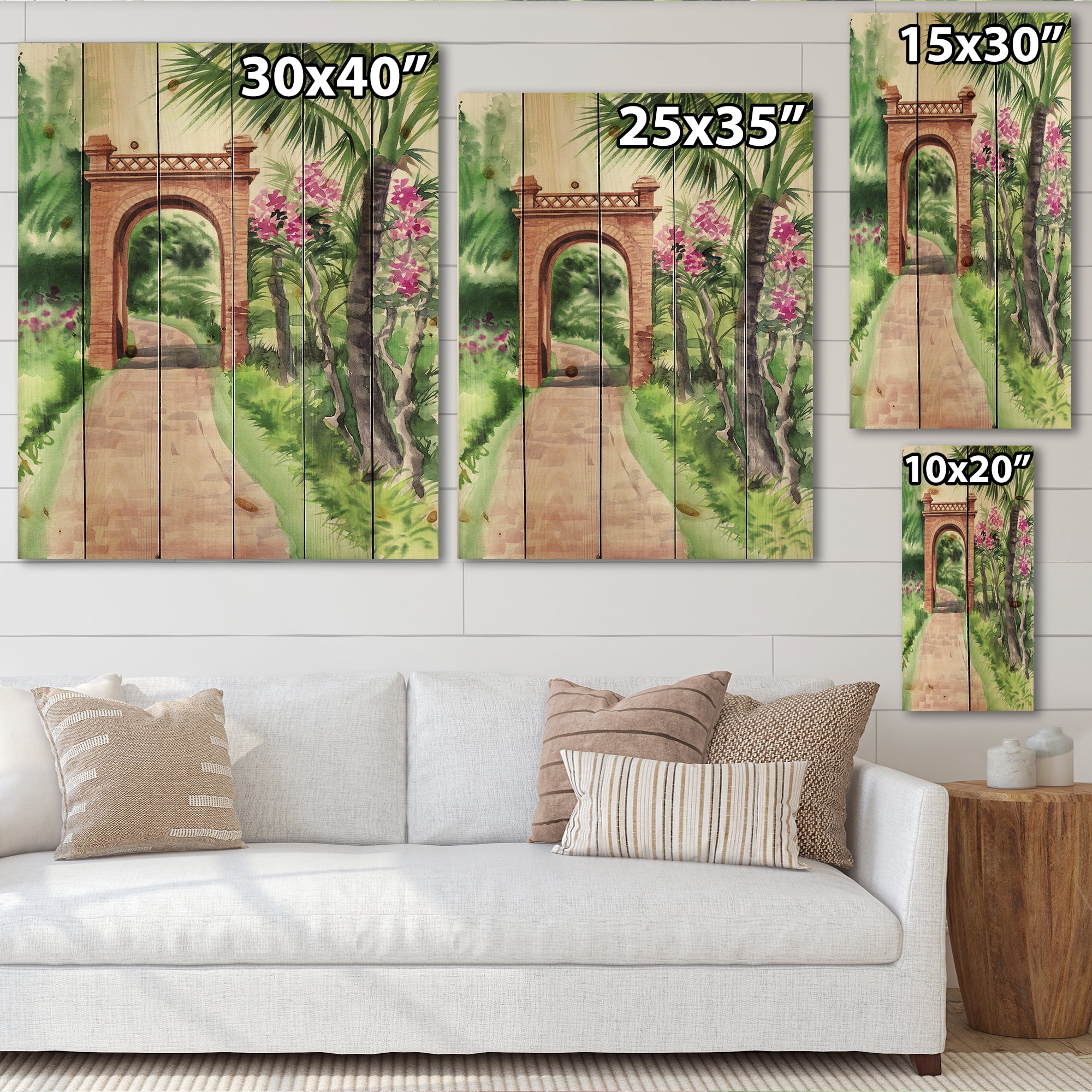 Designart 'Traditional Gate On Path In Tropical Oasis' Tropical Print on Natural Pine Wood
