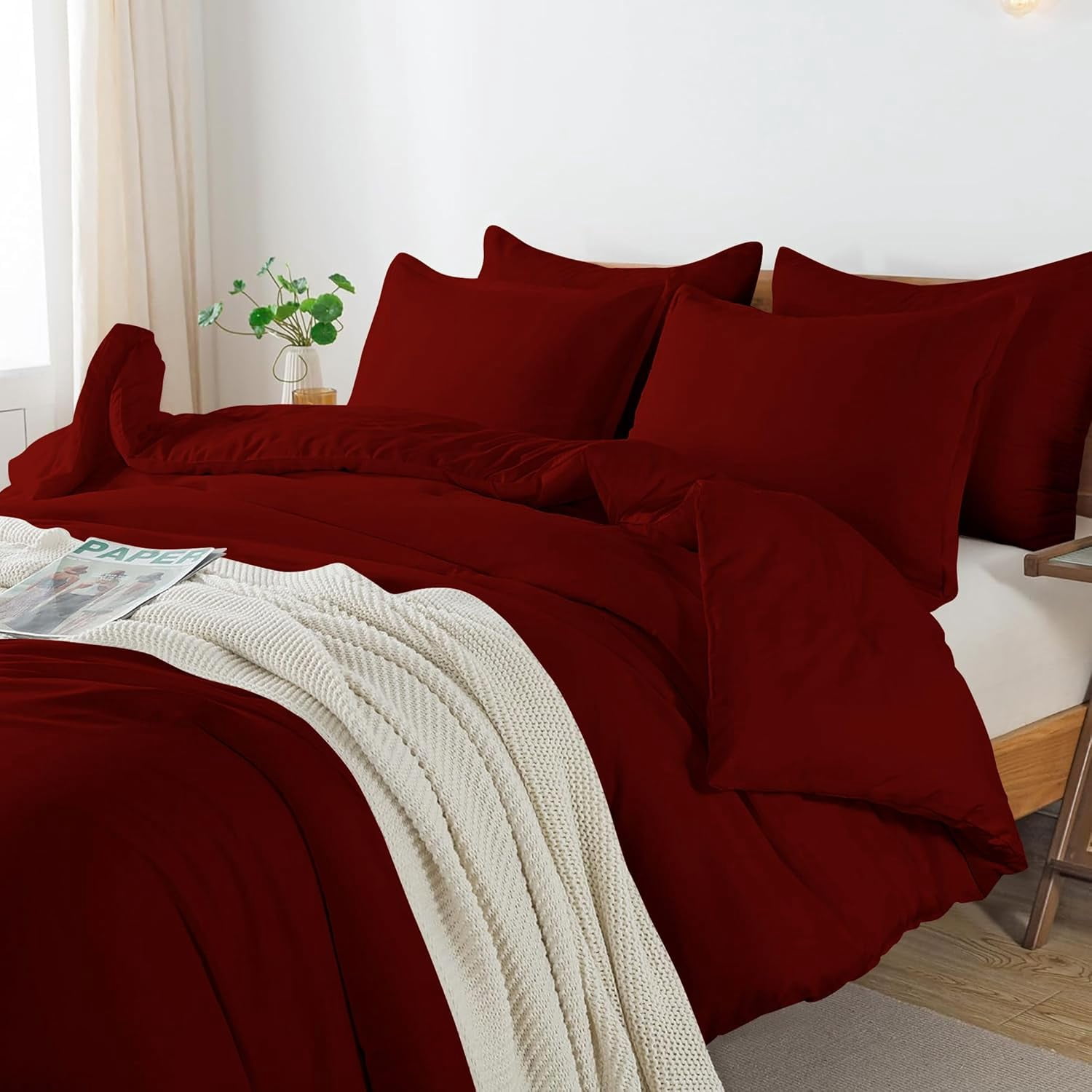3 Piece Luxury Bottom Tie Pattern Comforter Set, 800 TC, 100% Egyptian Cotton, King/California King Size Burgundy Solid
