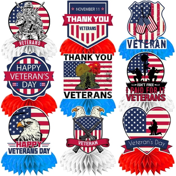 PrimeCook Shop Veterans Day Decorations Honeycomb Centerpieces 9pcs Double Sided Happy Veterans Day Table Decorations 3D Table Topper for Thank You Veterans Theme Party Supplies