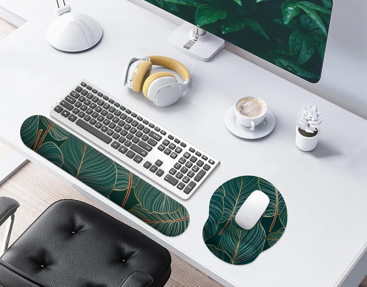 Mouse Pad Wrist Support, Ergonomic Memory Foam Keyboard Wrist Pad & Gel Wrist Rest Set for Computer Keyboard for Easy Typing & Pain Relief for Office & Home (Tropical Plants Set)