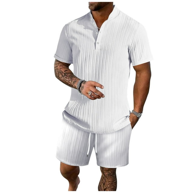 Birdeem Mens Stand Collar Button Blouse Short Sleeve Elastic Waist Lace-Up Lapel Suit