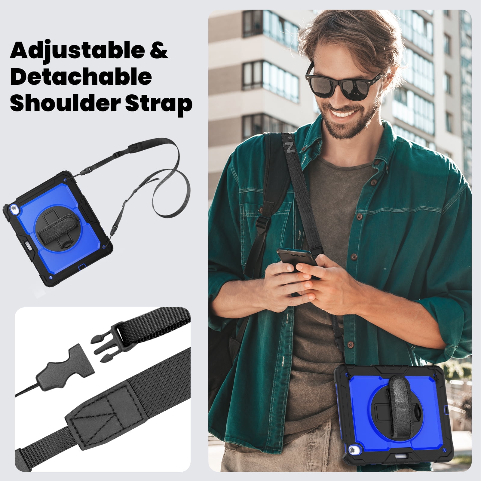 Allytechgroup iPad Air 13 2024 Case with Screen Protector / Shoulder Strap/ Pencil Holder, Heavy Duty Shockproof Rugged Handle Kickstand Bumper Case Cover for Apple iPad Air 13 Inch 2024 M2,Blue+Black
