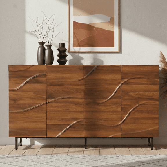 Aukfa 59" Wave Relief Sideboard Cabinet,Modern Storage Buffet Cabinet for Dining Room, Living Room, Entryway,Walnut